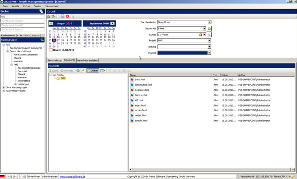 CRM-/PMS-System: Übersichtliches Projekt-Menü in Baumstruktur - Modul: Chronik mit Sharepoint-Dokumentenverwaltung